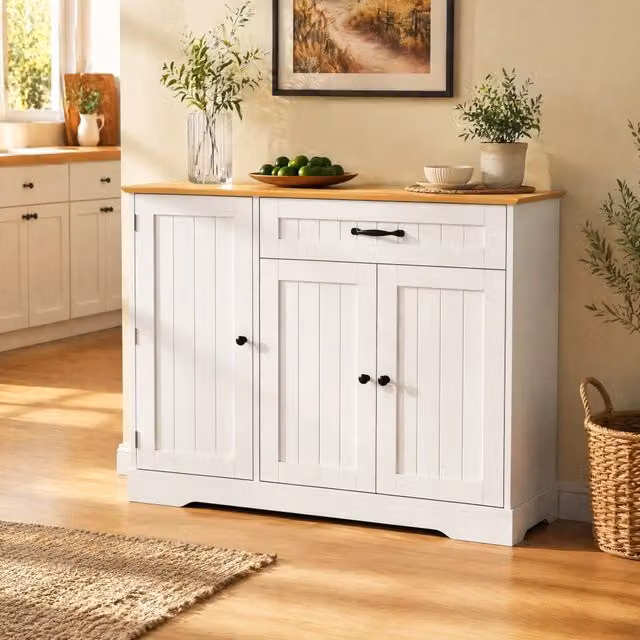 Credenza FOLYNA in MDF con 3 ante e cassetto, ripiani regolabili, stile scandinavo, colore bianco e naturale, ideale per ingresso, soggiorno o sala da pranzo