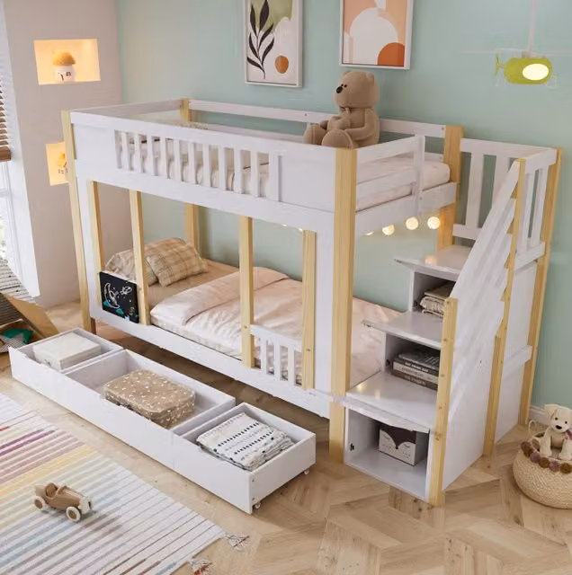 Letto a castello per bambini 90x200 cm bianco/naturale con scala contenitore e 3 cassetti