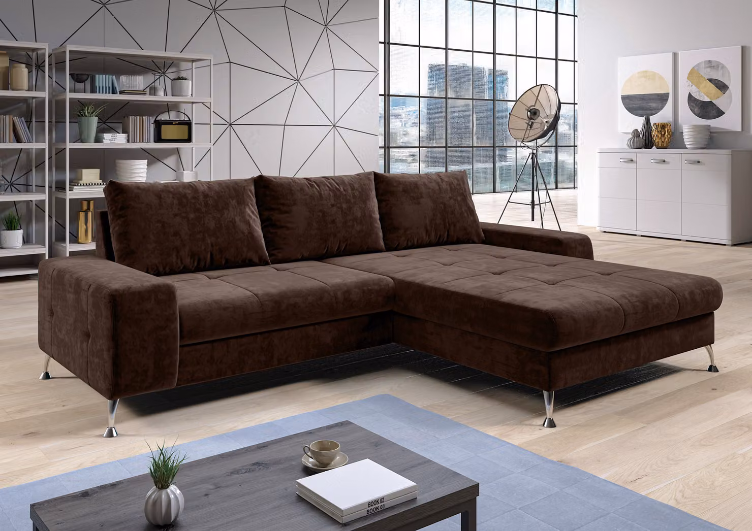 AX LIVING divano letto angolare con rete Artemia 275 cm in velluto marrone R