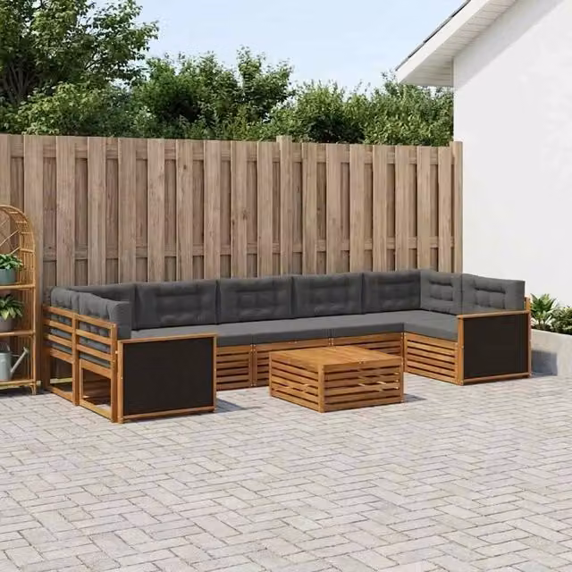 Set di divani da esterno a L con tavolino vidaXL in legno di acacia, beige e antracite, composto da 8 pezzi con cuscini inclusi