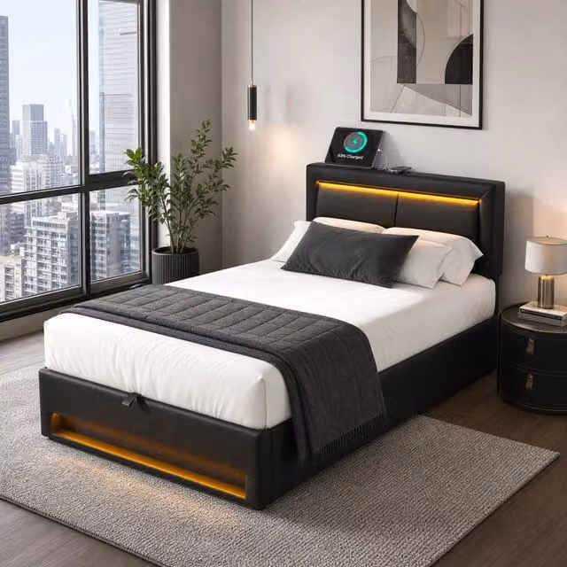 Letto singolo imbottito 90 × 200 cm con USB LED telecomandata vano contenitore in PU nero con rete a doghe