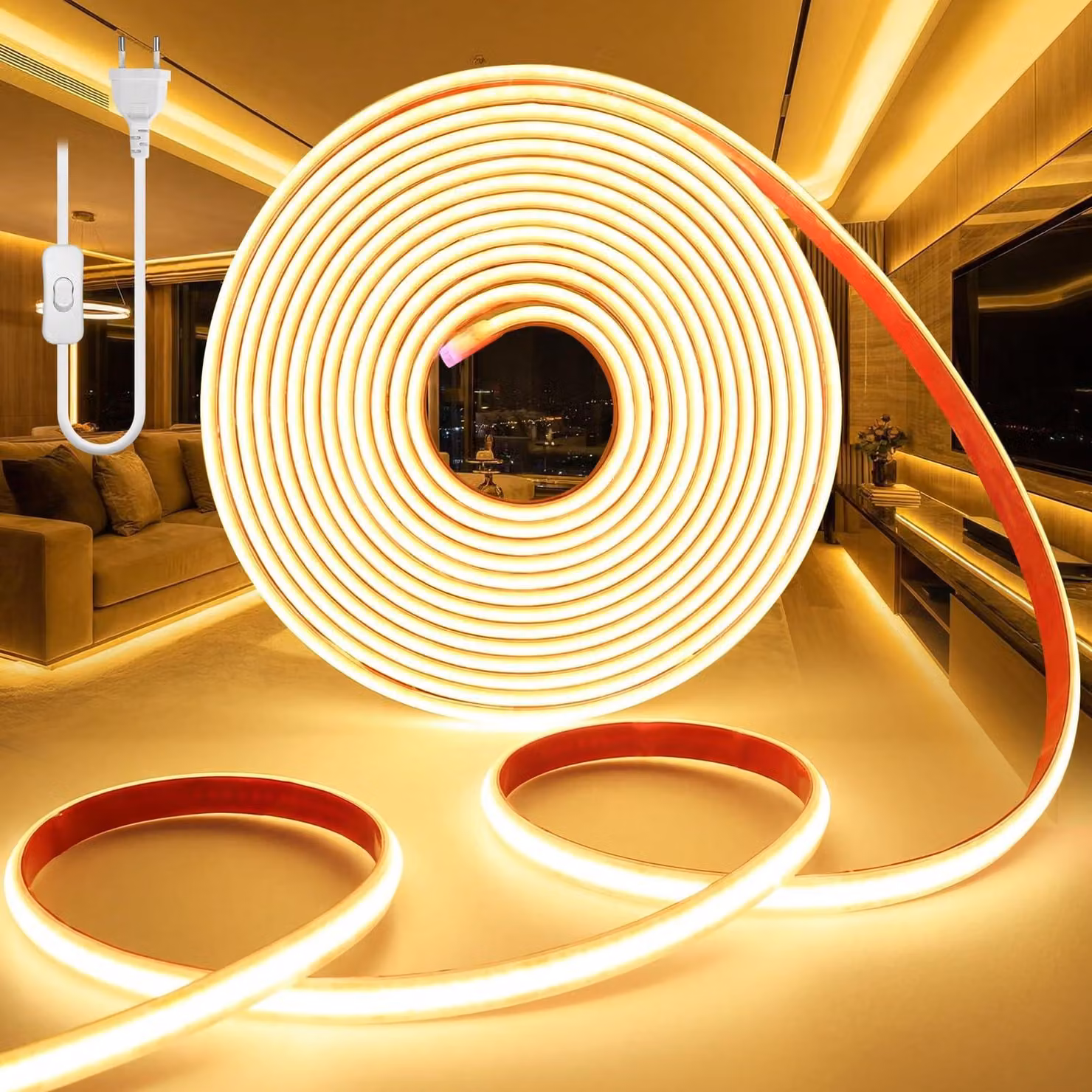 Striscia LED da 10 metri, 220V, luce calda (3000K), adatta per uso esterno, impermeabile (grado di protezione IP65), con 320 LED per metro