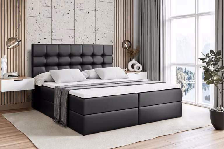 Letto boxspring ALTDECOR con materasso e rete a doghe - BERO - 160x200 cm - Pelle finta nera - Letto boxspring, topper, letto imbottito con contenitore, letto con vano portaoggetti H3 - Materasso, letto matrimoniale, letto boxspring