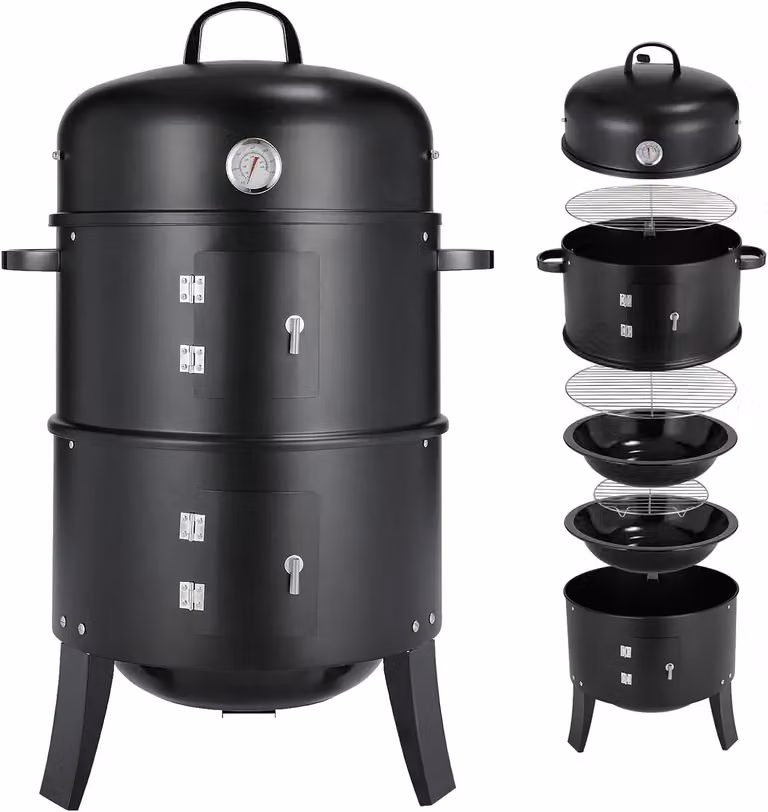 Barbecue affumicatore 3-in-1 - Griglia a carbone - Termometro - 3 griglie con ganci - Ghisa smaltata - Facile da pulire - Con maniglia