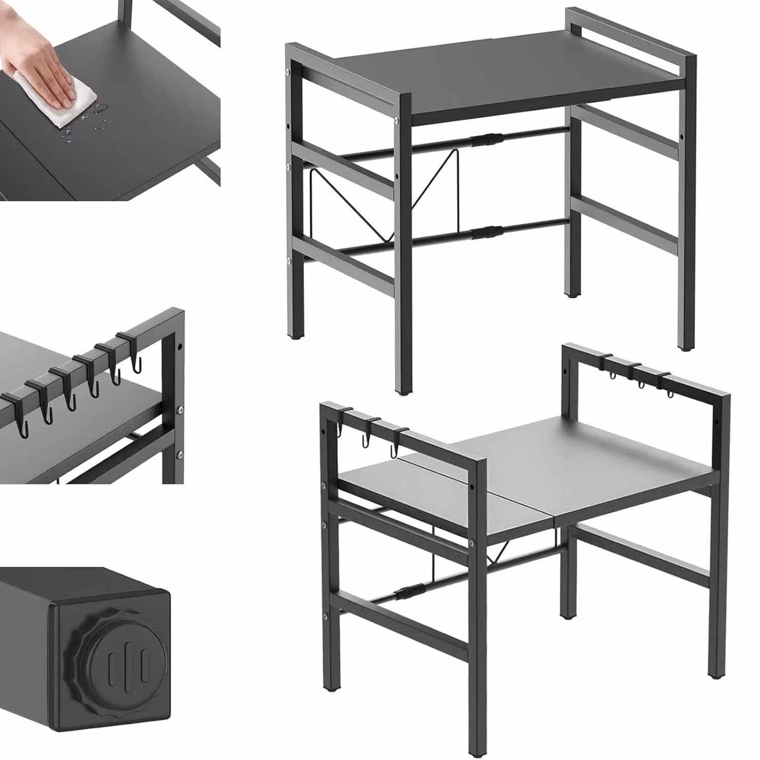 Ripiano per cucina - Piano di appoggio per microonde/friggitrice ad aria - Dimensioni regolabili - Acciaio - 1 ripiano - 6 ganci - Salvaspazio