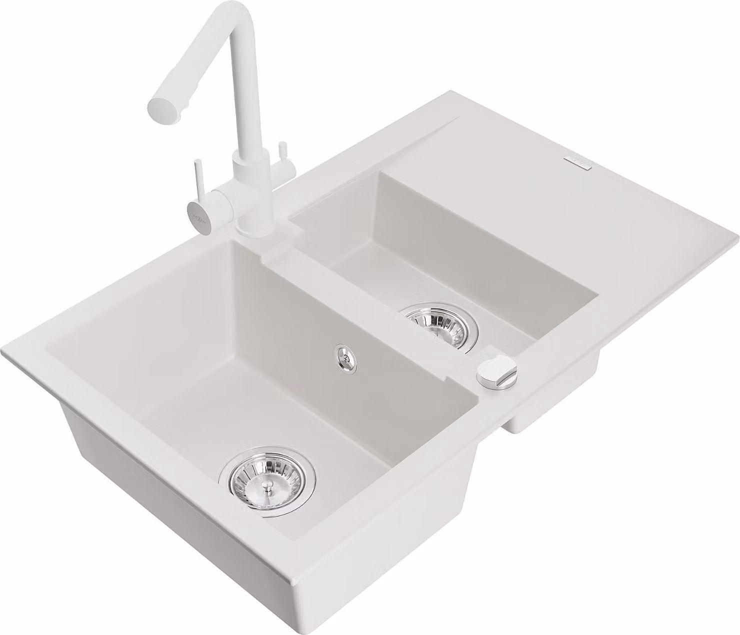 Mexen Gaspar lavello da cucina in granito 1,5 vasche con scolapiatti e miscelatore cucina Duero, bianco - 6507-20-671600-20