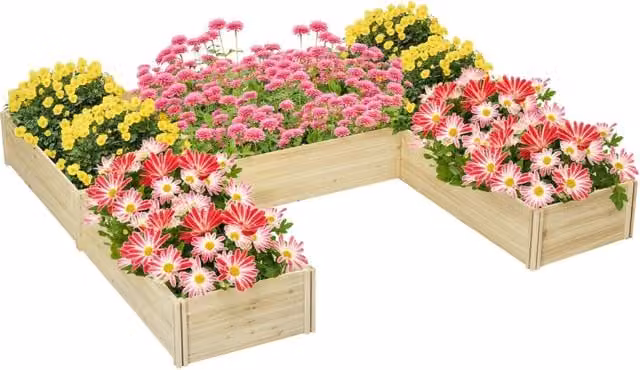 Set di 5 Fioriere da Giardino Minimal in Legno di Pino Marrone e Beige L/P/H: 230 x 230 x 28 cm