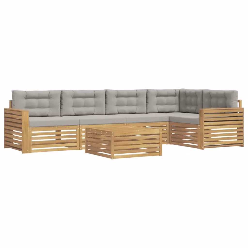 Set di divani da esterno a L con tavolino vidaXL, colore bianco e grigio, in legno di acacia trattato con cuscini inclusi – 2