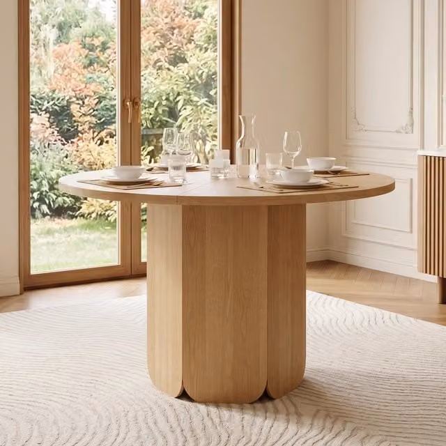 Tavolo da pranzo rotondo 120 cm in MDF color rovere per 4 a 6 persone con base centrale