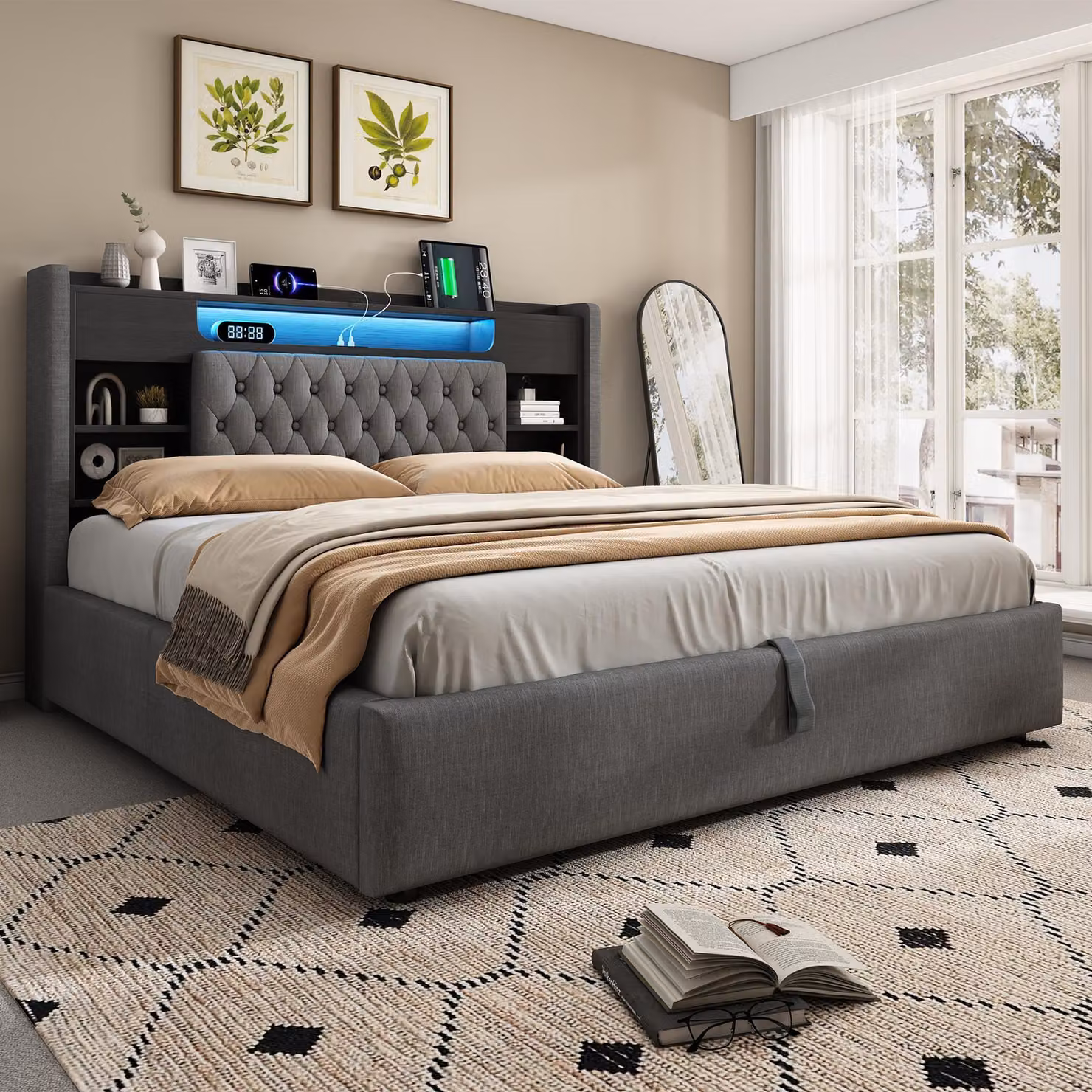 Letto matrimoniale MODFU 160 x 200 con materasso, letto imbottito con luci LED e porte USB/Type-C, letto con contenitore dotato di cassettone idraulico e testiera su mensola, beige