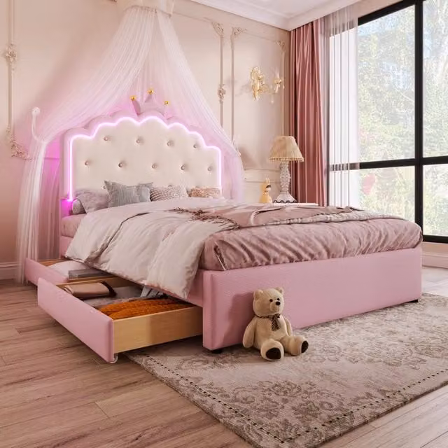 Letto per bambini imbottito 140 × 200 cm con rete a doghe estraibile PU rosa LED due cassetti telecomando