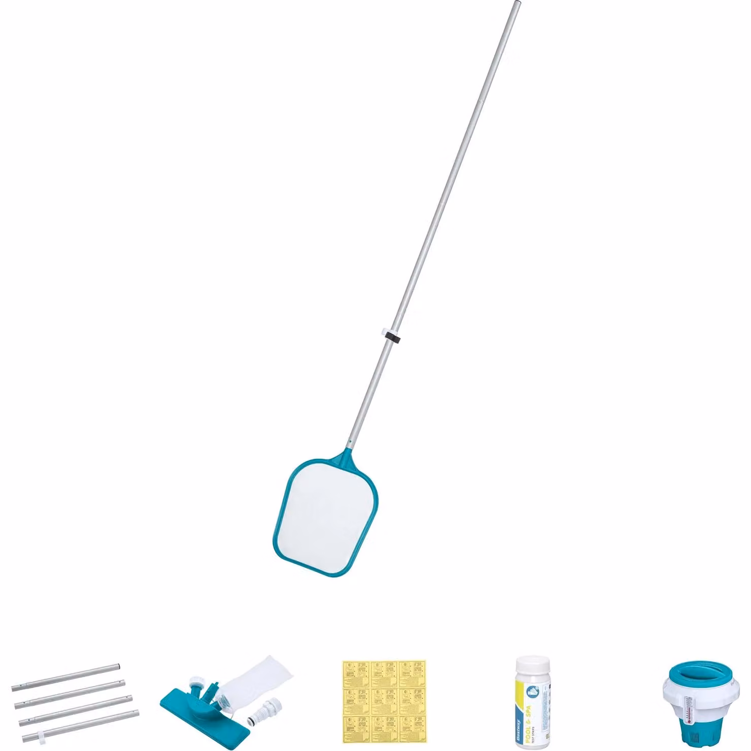 Set di accessori per la pulizia della piscina Bestway AquaClear Deluxe colore turchese per piscine fuori terra con kit per cloro, pH e alcalinità – 1