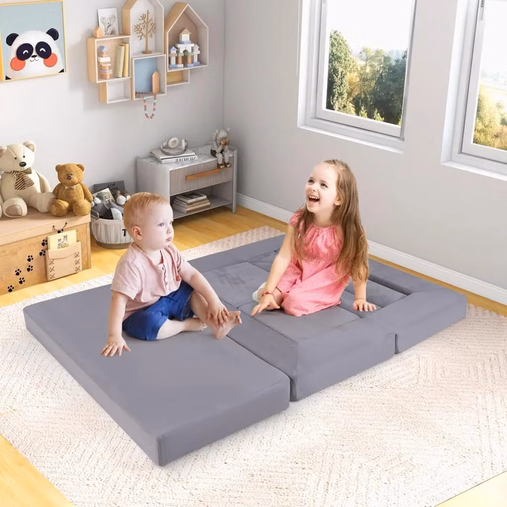 Divano Modulare e Letto per Bambini Costway in Schiuma con Tessuto Suede e Coperture Lavabili, 9 Pezzi, Grigio – 2