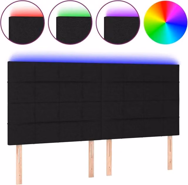 Testiera moderna in tessuto nero con illuminazione LED e porta di ricarica USB, L: 200 cm, P: 5 cm, H: 118/128 cm – 1