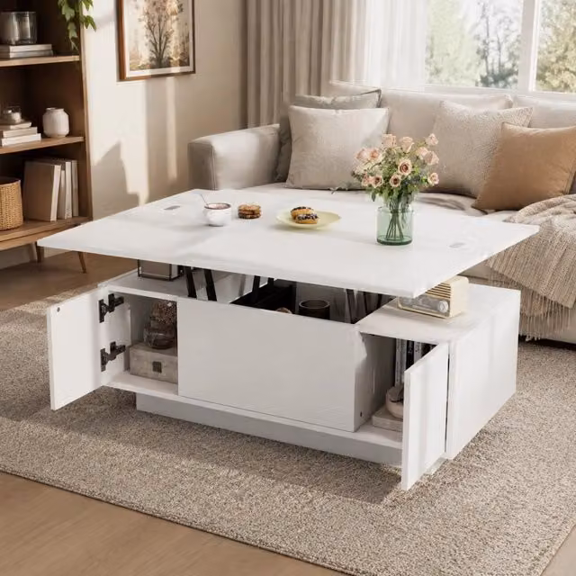 Tavolino da salotto ULEVR 100x50x43 cm con doppio piano sollevabile, vano nascosto e 2 ante, bianco