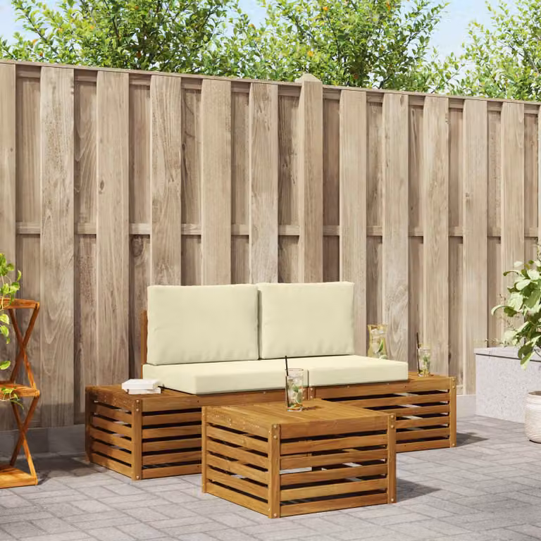 Set da giardino vidaXL composto da divano a 2 posti e tavolino da esterno in legno di acacia con cuscini beige e crema L/P/H: 59 x 59 x 37 cm