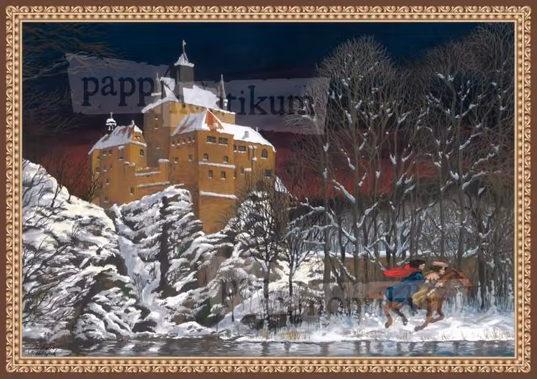 Mini calendario dell'Avvento con Biancaneve davanti al castello di Kriebstein, in carta