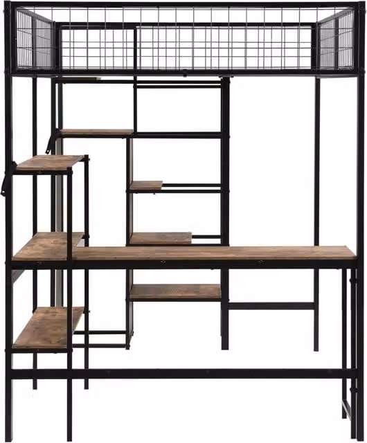 Letto a soppalco in metallo nero 140x200 cm con scrivania, armadio integrato e scaffali