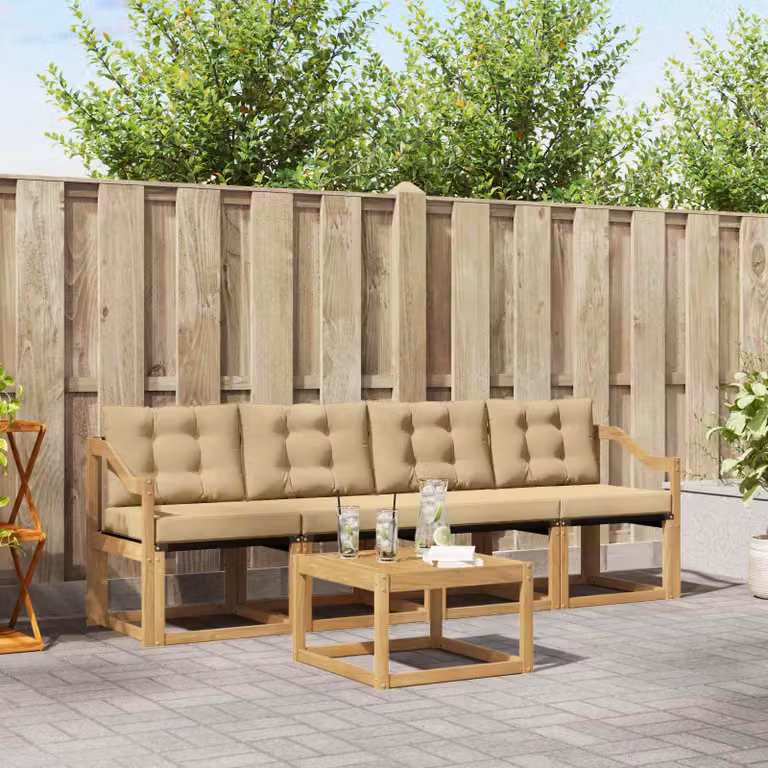 Set di divani da esterno vidaXL 5 pezzi in legno di acacia con cuscini, bianco e beige