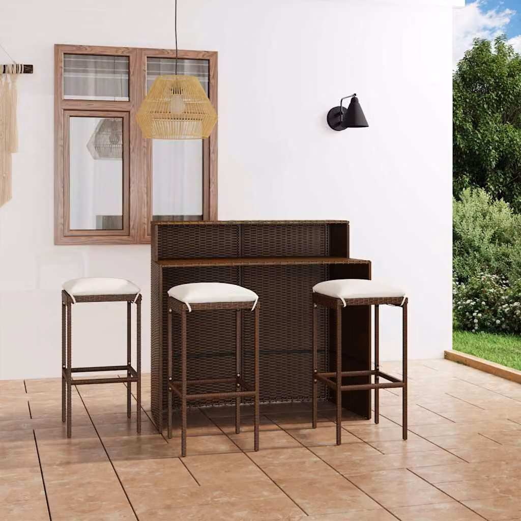 Set Bar da Giardino vidaXL in Polyrattan Marrone con 4 Cuscini – 1