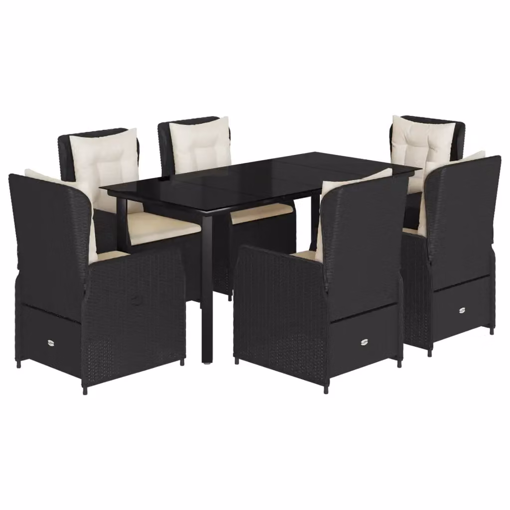 vidaXL Set da Pranzo da Giardino 7 pz in Polyrattan Nero con Cuscini e Tavolo in Vetro – 2