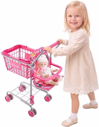 Carrello della Spesa Giocattolo VEVOR per Bambini, Carrello Supermercato in Metallo con Sedile per Bambole e Cestino a Rete, Colore Rosa