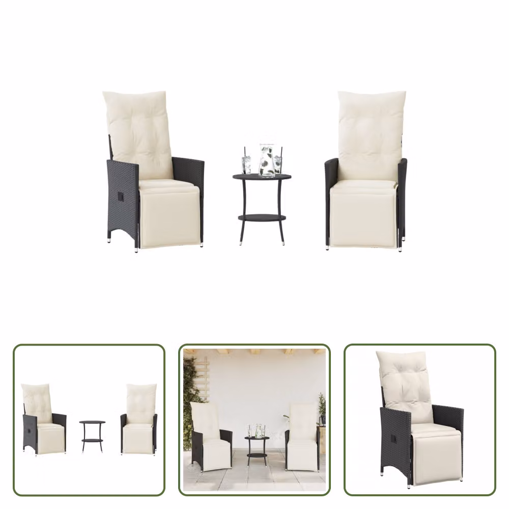 The Living Store Set bistrot 3 pezzi con cuscini in poly rattan nero