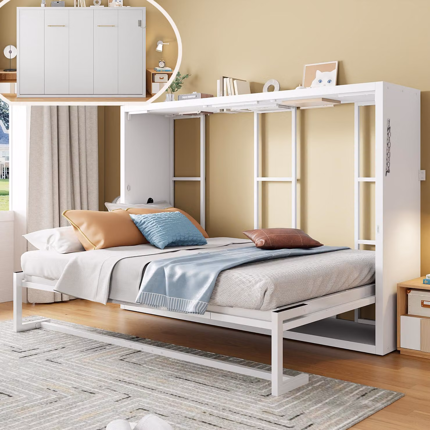 Letto a scomparsa a parete Flieks, dimensioni 140x200 cm, con struttura in metallo e piano in legno. Letto matrimoniale a scomparsa con sistema di fissaggio a parete bloccabile. Letto per ragazzi, colore bianco