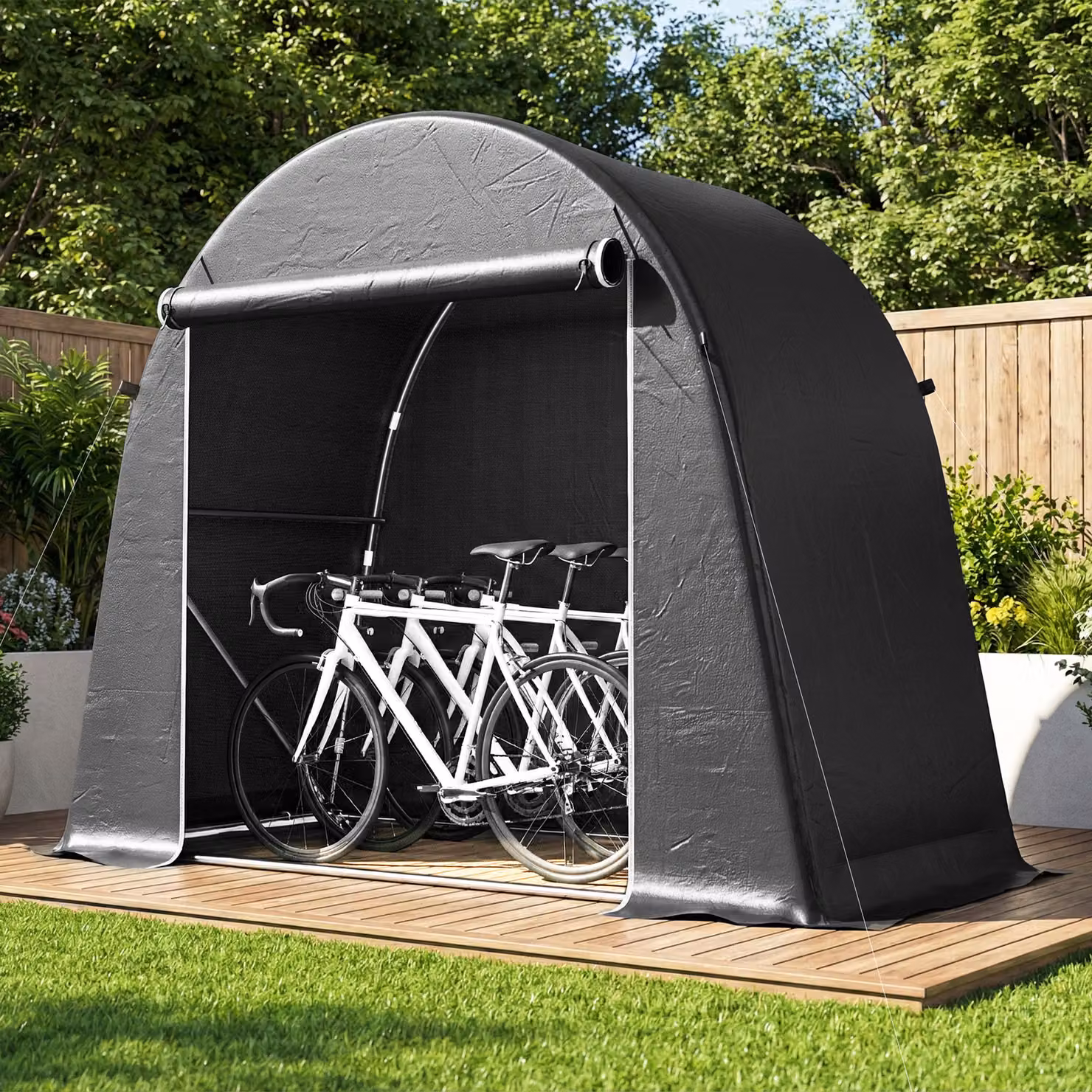 Tenda Garage Outsunny per Biciclette e Attrezzi con Ingresso a Cerniera, in Metallo e Poliestere, L: 245 cm, P: 120 cm, H: 200 cm, Grigio Scuro – 2