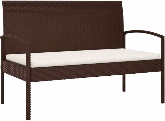 Panchina da giardino moderna HELLOSHOP26 in resina intrecciata e metallo con cuscino in tessuto marrone e bianco, Larghezza: 105 cm – 1
