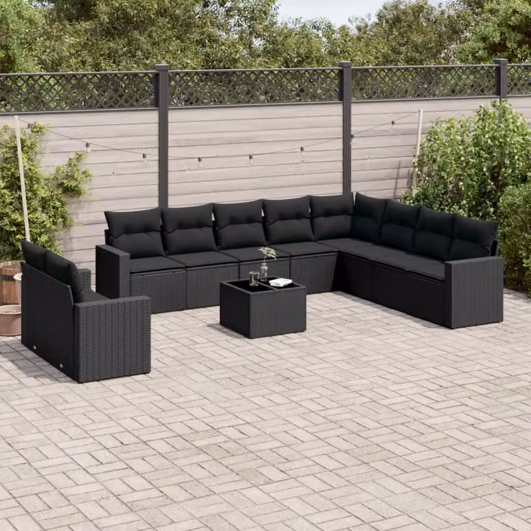 vidaXL Set Divani da Giardino 11 pz a Forma a U in Polyrattan Nero con Cuscini e Tavolino