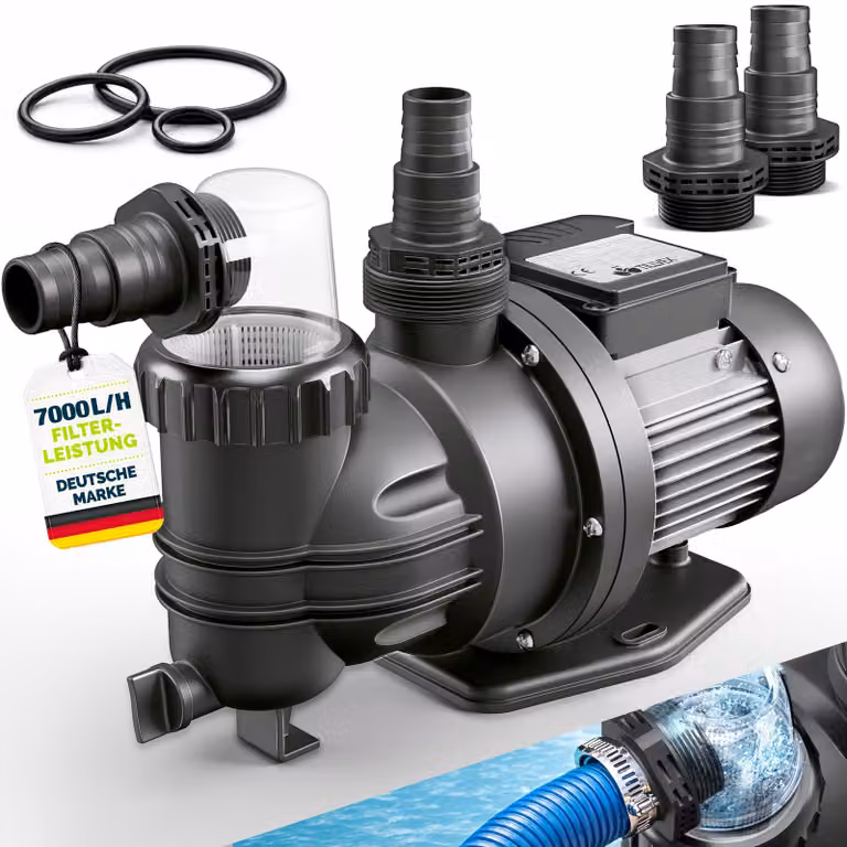 Pompa filtrante tillvex® per piscina 7.000 l/h e 250 W | Pompa per piscina con prevalenza max. 7,5 m | Pompa di ricircolo per piscine da 22 m³ | Pompa per piscina autoadescante per piscine fuori terra e spa con prefiltro