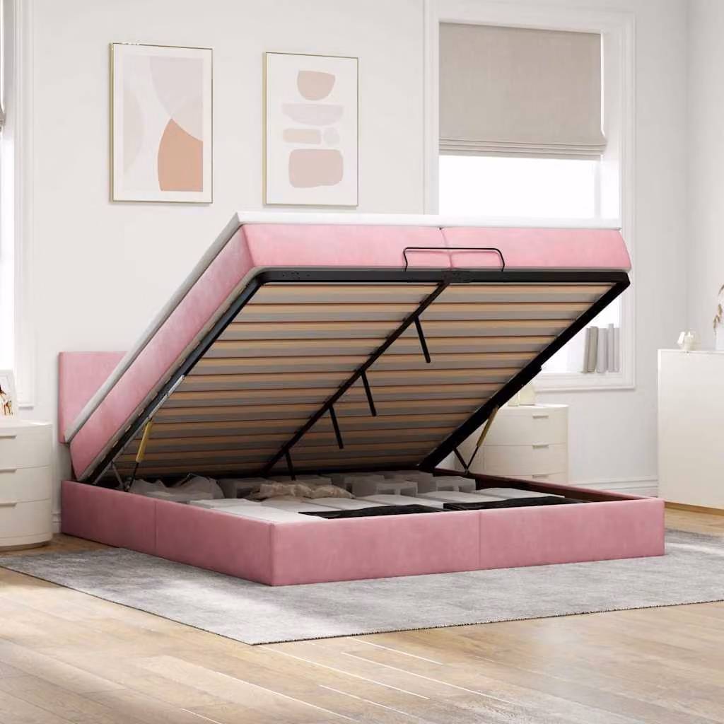 vidaXL Struttura Letto con Materasso e Contenitore a Sollevamento, Velluto Rosa e Bianco, L/P/H: 200 x 200 x 280 cm – 1