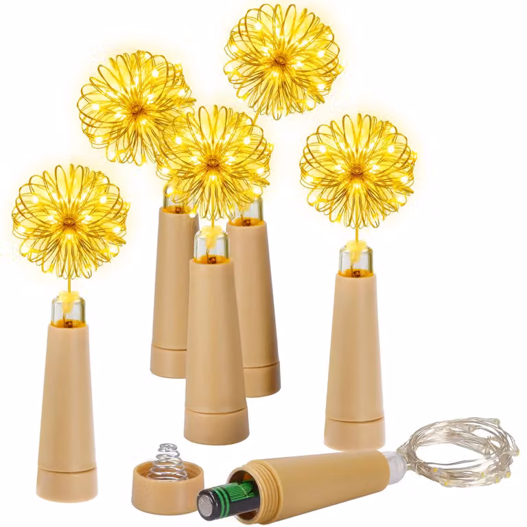 Catena luminosa a LED con tappi di sughero, confezione da 6 pezzi, 20 LED, luce bianco caldo, alimentazione a batteria