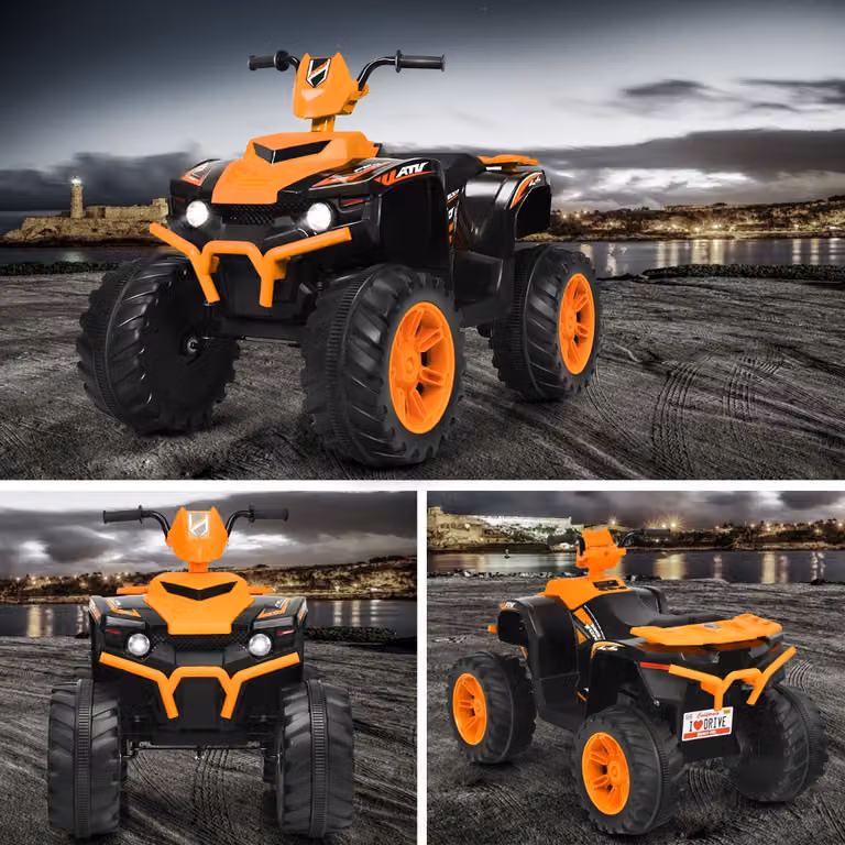 Quad elettrico per bambini Costway 12V con musica e luci LED, arancione, L: 104 cm, P: 67 cm, H: 74 cm