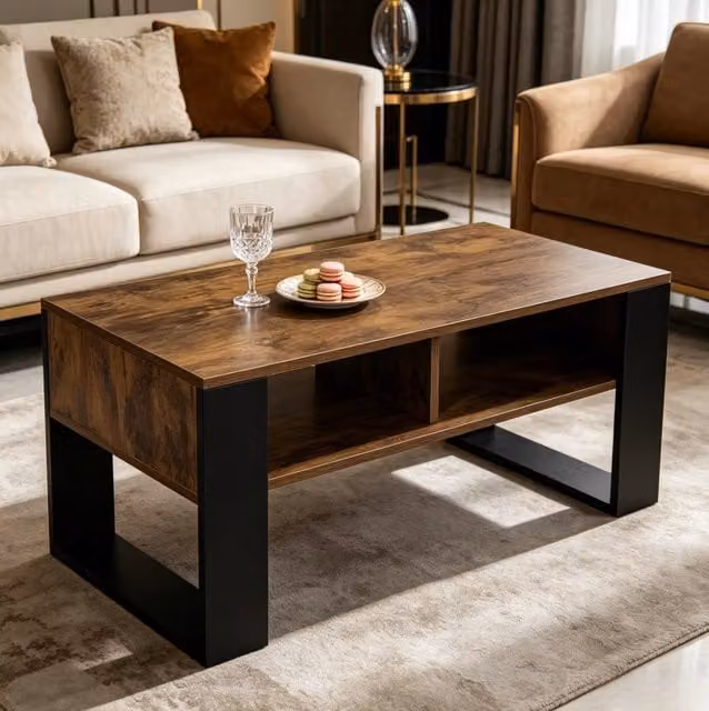 Tavolino da caffè 90x45x45,5 cm nero e marrone, 2 vani aperti, pannelli in legno E1