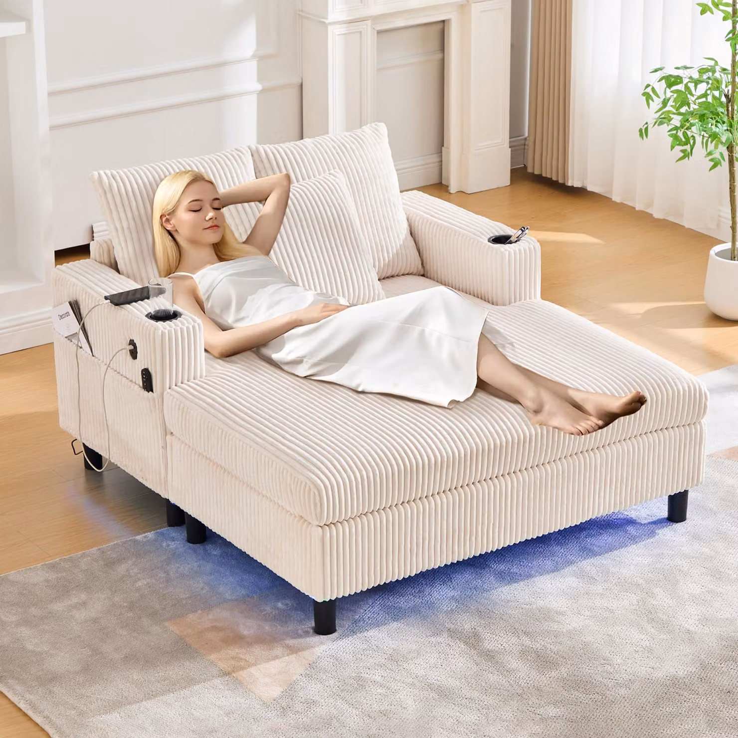 Abrihome chaise longue in velluto con cuscino e schienale, divano reclinabile con portabicchieri, USB&LED, beige