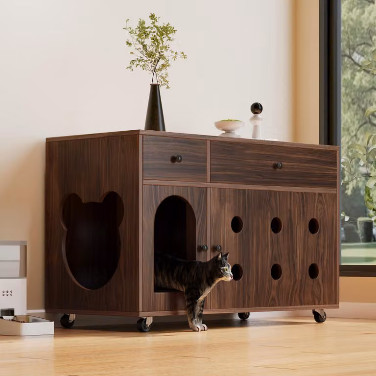 Cassettiera Flieks mobile da soggiorno mobile, credenza con vassoio porta sabbia estraibile e cassetti, colore noce