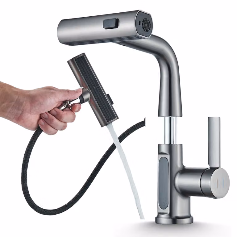 Miscelatore per lavabo Ari Atomic, colore antracite, con doccetta estraibile, indicatore di temperatura, 3 tipi di getto, rotazione a 360°, altezza regolabile