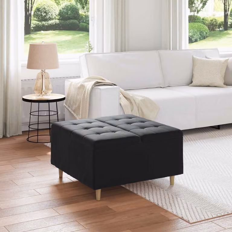 Pouf con contenitore vidaXL in velluto nero, L/P/H: 80 x 80 x 45 cm