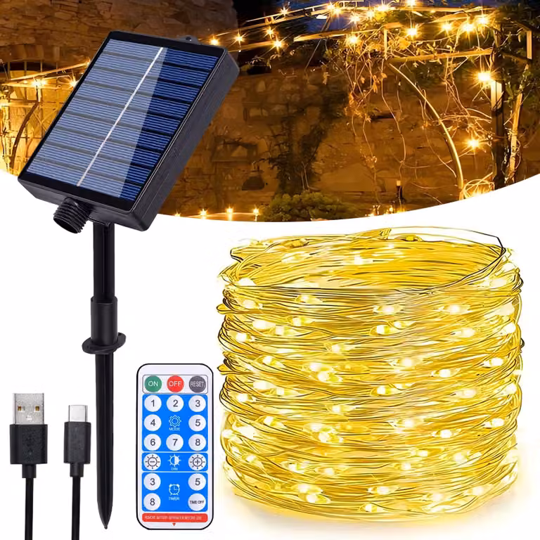 Catena luminosa solare, 30 metri, 300 LED, filo di rame, grado di protezione IP65, 8 modalità, telecomando