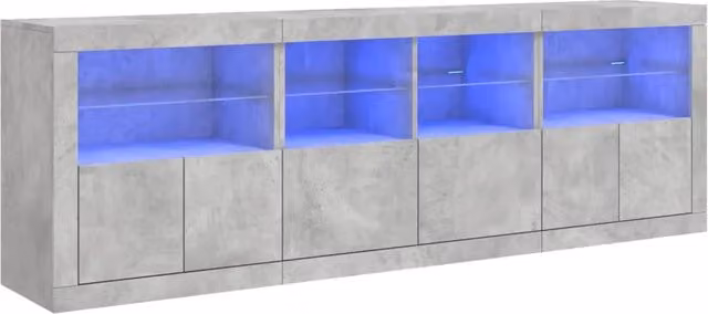 Buffet credenza moderna con luci LED e inserti in vetro per cucina e soggiorno, colore grigio, L: 202 cm, P: 37 cm, H: 67 cm
