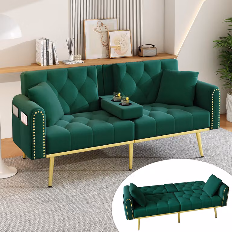 Fortuna Lai Divano letto doppio pieghevole con funzione reclinabile, tre angoli di inclinazione regolabili e portabicchieri. Adatto per soggiorno, camera da letto, home cinema o camera degli ospiti. Rivestimento in tessuto. Verde.