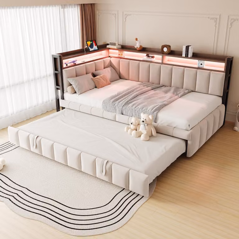 Flieks divano letto da giorno 90x200cm con letto estraibile, letto giovanile letto singolo con funzione di ricarica e LED, letto imbottito letto in metallo, velluto, beige
