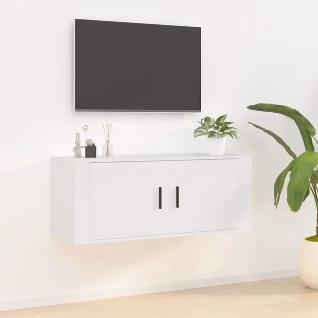 Mobile Porta TV a Parete Bianco in Legno con Stile Classico L: 100 cm, P: 40 cm, H: 34,5 cm