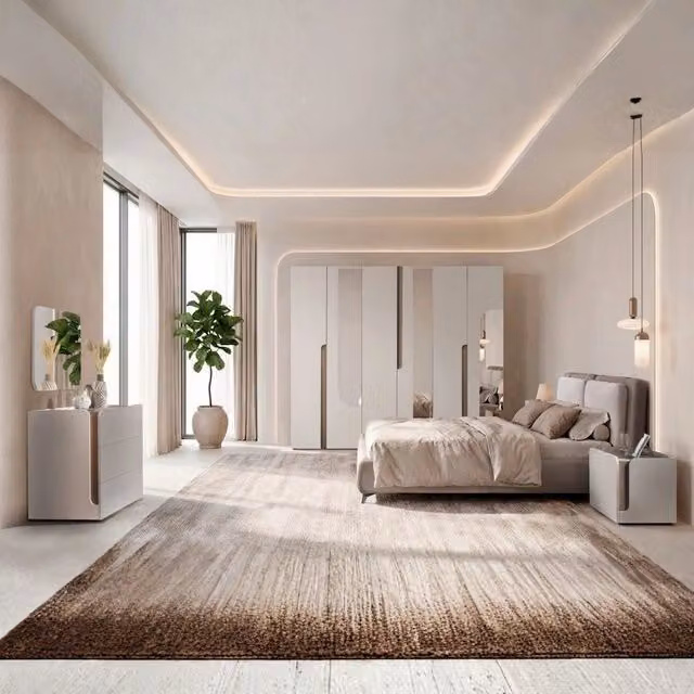 Completa camera da letto moderna Loana in olmo e tessuto beige con armadio a 6 ante, specchi, comodini, cassettiera e letto contenitore 160x190 cm – 1