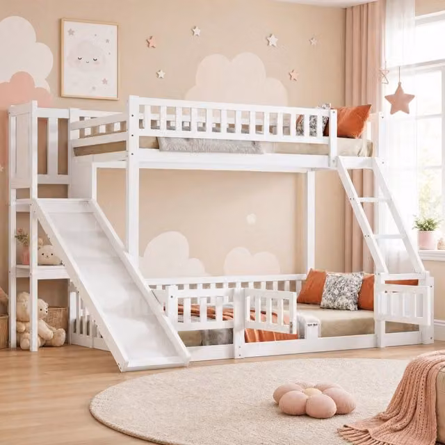 Letto a castello per bambini 140 x 200 cm con scivolo; scaletta; scaffali e sponde; pino bianco