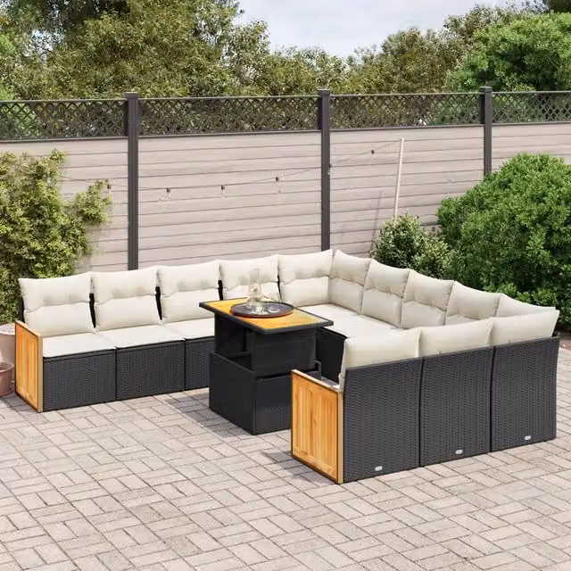 Set di divani da giardino VIDAXL in polyrattan nero con cuscini, composizione a L da 11 pezzi