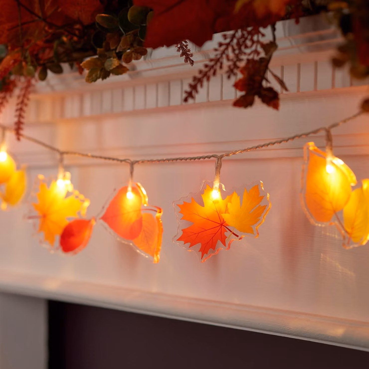 Catena luminosa a LED a forma di foglie autunnali, 1,65 metri, luce bianco caldo, con timer