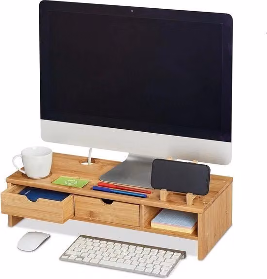 Supporto per monitor in bambù con 2 cassettoni e spazio aperto, disponibile nei colori beige o marrone, L/P/H: 54 x 23 x 13 cm